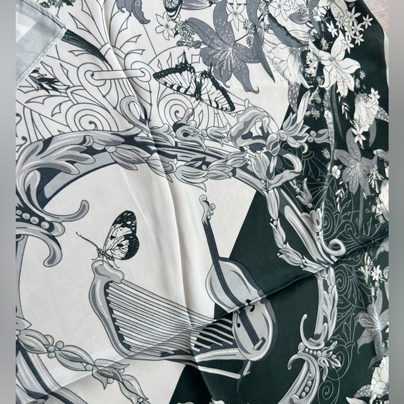 Black and white classy designer silk scarf butterfly and violin design - Picture 6 of 8